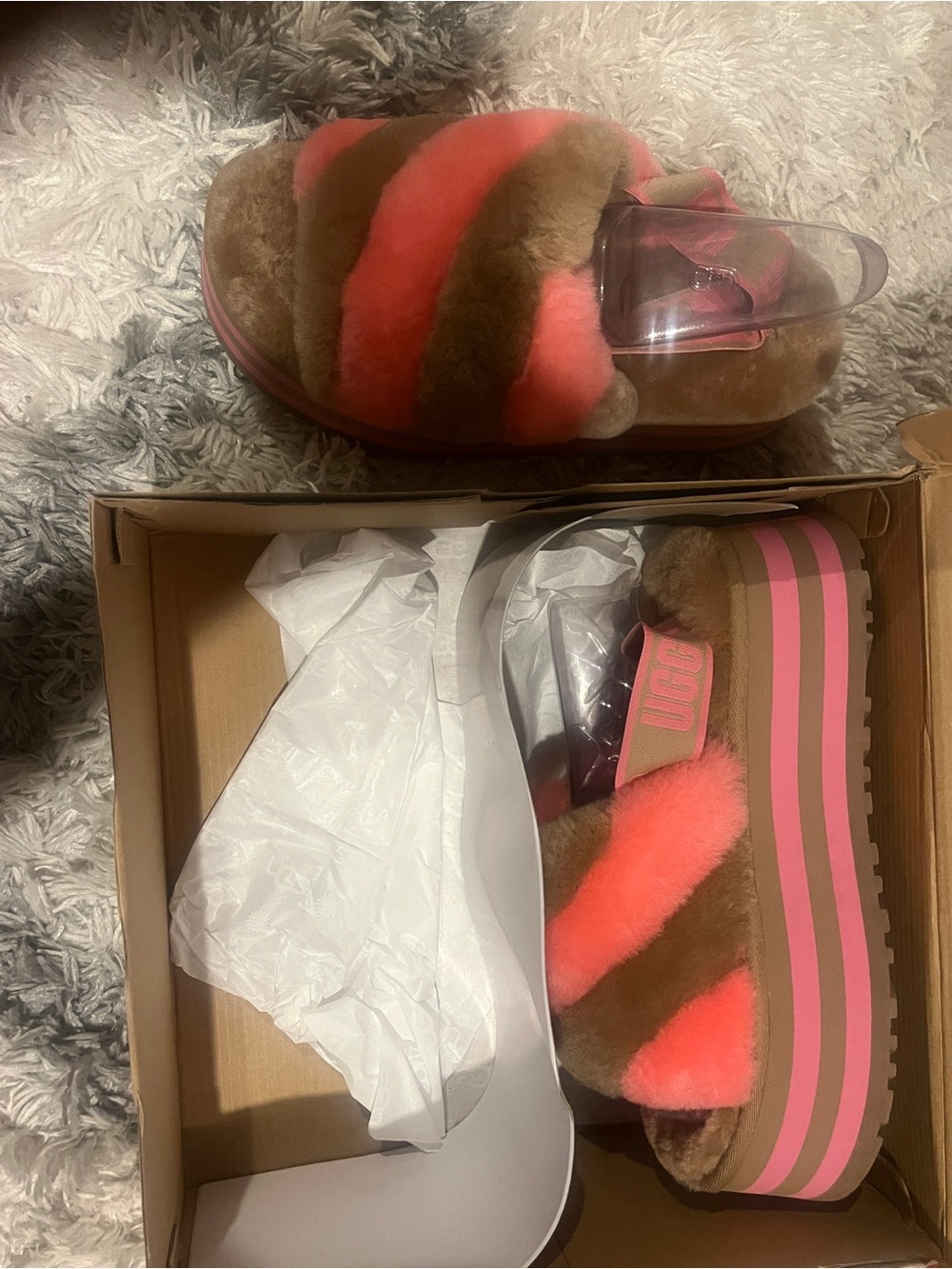 UGG Brown & Neon Pink Striped Fluff Platform Slide